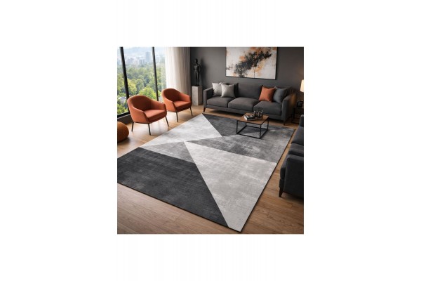 Antrasit Gri Beyaz Geometrik Üçgen Desenli S10473 Modern Yıkanabilir Şönil 80*150